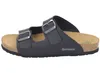 A side view of a black sandal with two adjustable straps and a cork sole. Produktbild-Vorschau