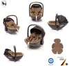 A collage of a baby car seat from multiple angles, along with a separate headrest cushion and certification logos. Náhľad obrázku produktu