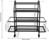 A black metal multi-tiered storage rack with wheels, shown with dimensions indicated by text and lines. Podgląd zdjęcia produktu