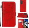 A collage of images showing a red leather phone case with a butterfly embossed design. The case is shown from different angles, including open and closed views, and with a phone inserted. Produktbild-Vorschau