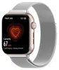 A smartwatch with a heart rate monitor display and a silver Milanese loop band. Náhled obrázku produktu