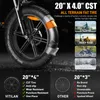 Close-up of an electric bicycle tire and fender, with marketing text and images of different terrains. Produktbild-Vorschau