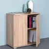 A wooden cabinet with two doors, one open, displaying books and binders on shelves. Decorative items are on top of the cabinet. Produktbild-Vorschau