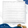 A white quilted duvet or comforter is laid flat on a white background. Dimensions are indicated with text overlays. Produktbild-Vorschau
