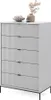 A white dresser with ribbed drawer fronts and black handles, placed on a white background. Decorative items are on top of the dresser. Podgląd zdjęcia produktu