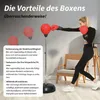 A woman is punching a red boxing bag while text describes the benefits of boxing. Produktbild-Vorschau