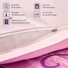 A close-up of a pink fabric with a zipper, showing care instructions and product features in small icons and text. Podgląd zdjęcia produktu