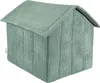 A green corduroy dog house shaped like a small building. Podgląd zdjęcia produktu