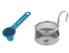 A blue coffee scoop and a stainless steel coffee filter are shown side-by-side against a white background. Produktbild-Vorschau