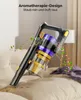 A cordless vacuum cleaner is shown in use on a couch with animated leaves and petals flying around it. Produktbild-Vorschau