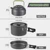 A diagram showing the dimensions of a camping cookware set, including a kettle, pot, and pan. Produktbild-Vorschau