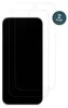 Two screen protectors are shown layered on top of each other, with a dark smartphone screen visible underneath the top protector. Produktbild-Vorschau
