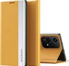 A yellow flip case for a smartphone is shown, with the phone partially visible and displaying its camera module. Produktbild-Vorschau
