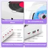 A collage of four images showcasing different features of a white CD player. Produktbild-Vorschau