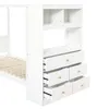 A close-up view of a white wooden bunk bed with integrated storage drawers and shelves. Produktbild-Vorschau