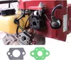 A close-up view of a small engine's carburetor and fuel tank, with two gaskets shown below. Produktbild-Vorschau