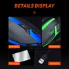 A collage of close-up images showcasing the features of a gaming mouse, including its lighting, texture, weights, and USB interface. Produktbild-Vorschau