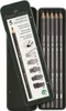 A tin case containing graphite pencils, with a diagram showing how they work. Produktbild-Vorschau