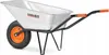 A silver wheelbarrow with black frame and orange handles and wheel rim, set against a white background. Podgląd zdjęcia produktu