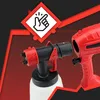A close-up marketing image of a red and black electric paint sprayer with a white container, set against a dark background with red graphic elements. An icon indicating ease of use is also present. Produktbild-Vorschau