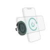 A magnetic car phone mount is shown attached to a car vent, with a transparent outline of a smartphone being held by the mount. A circular arrow graphic with a magnet icon indicates rotation or adjustability. Voir les images du produit