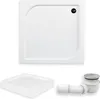 A white square shower tray with a rounded corner and a black drain fitting is shown. Below it, a smaller, angled view of a similar shower tray is displayed, along with a white drain assembly. The items are arranged against a white background. Produktbild-Vorschau