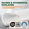 A close-up of a white foam mattress topper with text overlays and certification logos. Produktbild-Vorschau