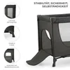 A close-up view of a gray and black travel crib, with inset images highlighting its features. Náhled obrázku produktu