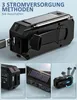 A collage of images showing a portable emergency radio with solar charging capabilities and different charging methods. Produktbild-Vorschau