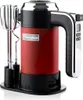 A red and black electric hand mixer with chrome beaters sits on a black base. Produktbild-Vorschau