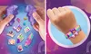 A split image showing a craft kit with small pieces and a finished bracelet on a wrist. Náhľad obrázku produktu