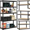 Multiple metal shelving units are shown, some filled with various items like storage bins, boxes, and cleaning supplies. Anteprima dell’immagine prodotto