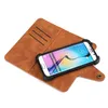 A brown leather phone case with a smartphone inside, shown from a top-down perspective on a white background. Produktbild-Vorschau