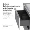 A close-up view of an open drawer in a bathroom cabinet, with text describing installation features. Produktbild-Vorschau