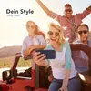 Four friends are enjoying a road trip in a red jeep, taking a selfie. Produktbild-Vorschau