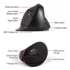A top and bottom view of a black vertical mouse with labels pointing to its various features and ports. Produktbild-Vorschau