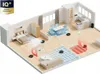 A 3D isometric illustration of a smart home layout showing robot vacuum cleaners cleaning different rooms. Produktbild-Vorschau