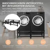 A washing machine underframe with integrated pull-out is shown in front of two washing machines. There are also icons and text describing features. Podgląd zdjęcia produktu
