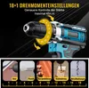 A close-up of a cordless drill with a torque adjustment ring, and a series of smaller images at the bottom showing the drill being used for different materials. Produktbild-Vorschau