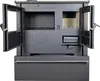 A front view of a black wood-burning stove with its doors open. Produktbild-Vorschau