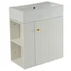 A white bathroom vanity with open shelves and a fluted door with a gold handle. Voir les images du produit