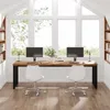 A modern home office setup with a large wooden desk and two computers, positioned in front of a large window. Produktbild-Vorschau