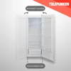 An open refrigerator with internal shelves and a drawer, with labels pointing out features. Produktbild-Vorschau