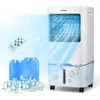 A white air cooler is shown with cool air blowing out, surrounded by ice cubes and ice packs. A remote control is also visible. Produktbild-Vorschau