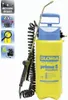 A yellow and blue pressure sprayer with a coiled hose and spray wand, shown against a white background with informational icons on the left. Produktbild-Vorschau