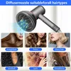 A collage of images showcasing a hair dryer diffuser attachment and different hairstyles. Produktbild-Vorschau