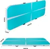 Two views of a turquoise inflatable air track mat with white markings, showing dimensions. Produktbild-Vorschau