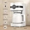 A white coffee machine with various features highlighted by icons and text on the left side, and dimensions indicated on the bottom and right. Náhľad obrázku produktu