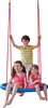 Three children are sitting and standing on a blue nest swing suspended by red ropes. Produktbild-Vorschau