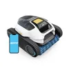 A robotic pool cleaner is shown next to a smartphone displaying a blue screen with a logo. Anteprima dell’immagine prodotto